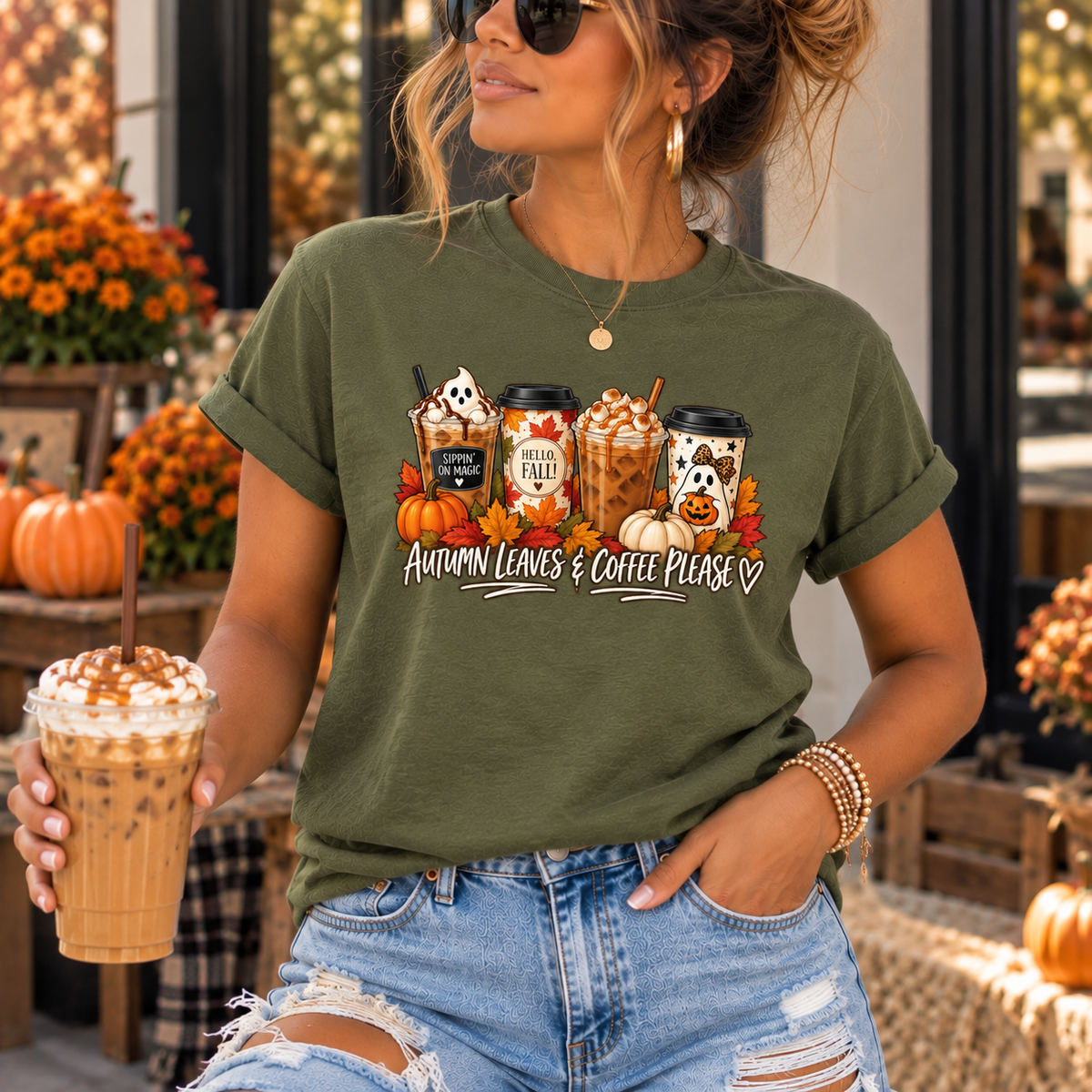 Autumn Leaves and Coffee Please T-Shirt