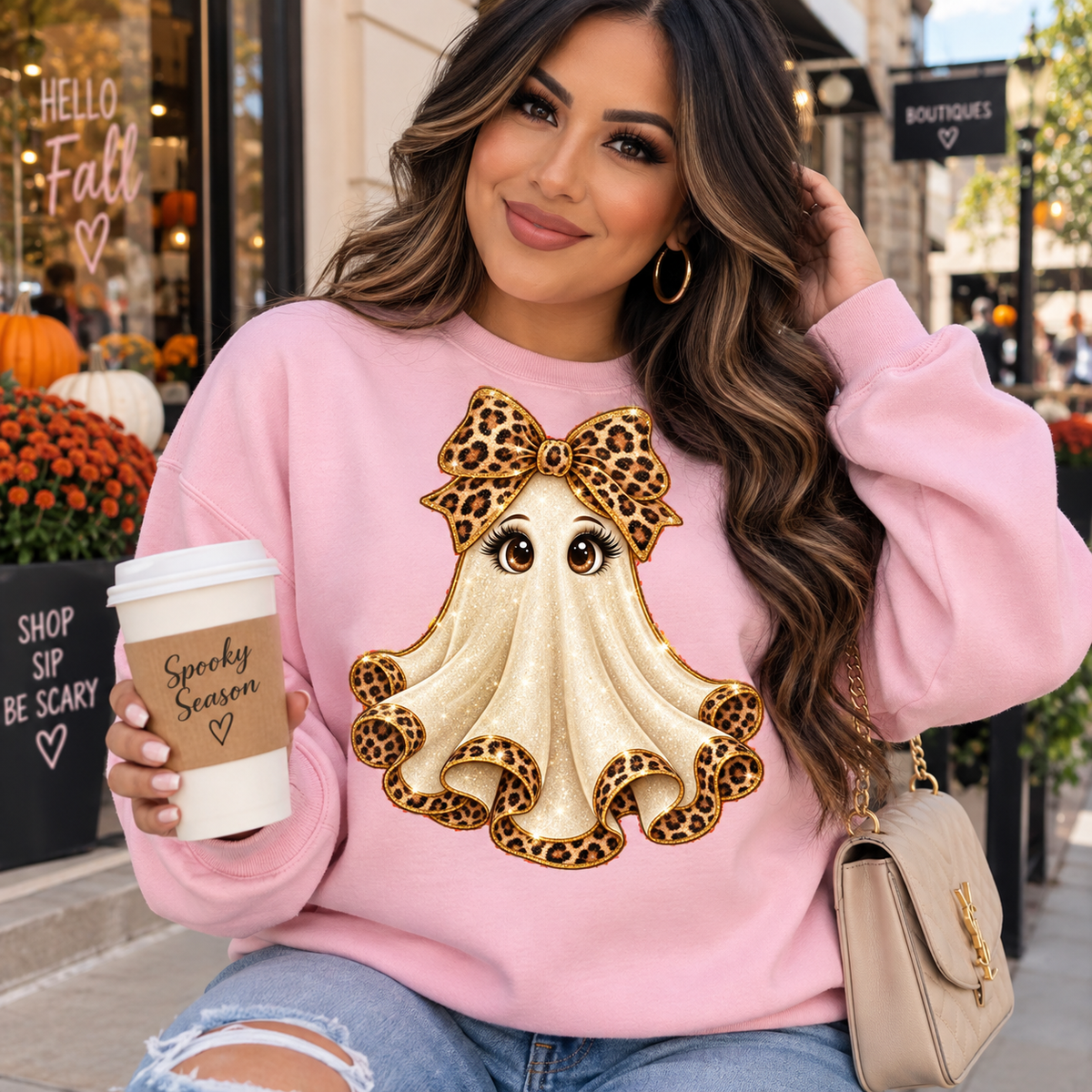 Glamorous Glitter Leopard-Bow Ghost Sweatshirt