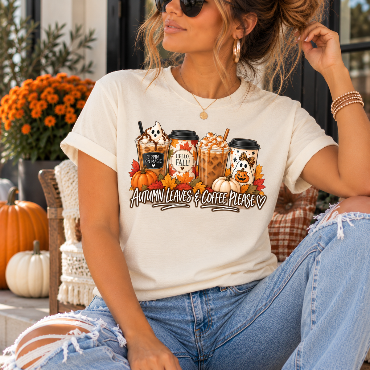Autumn Leaves and Coffee Please T-Shirt