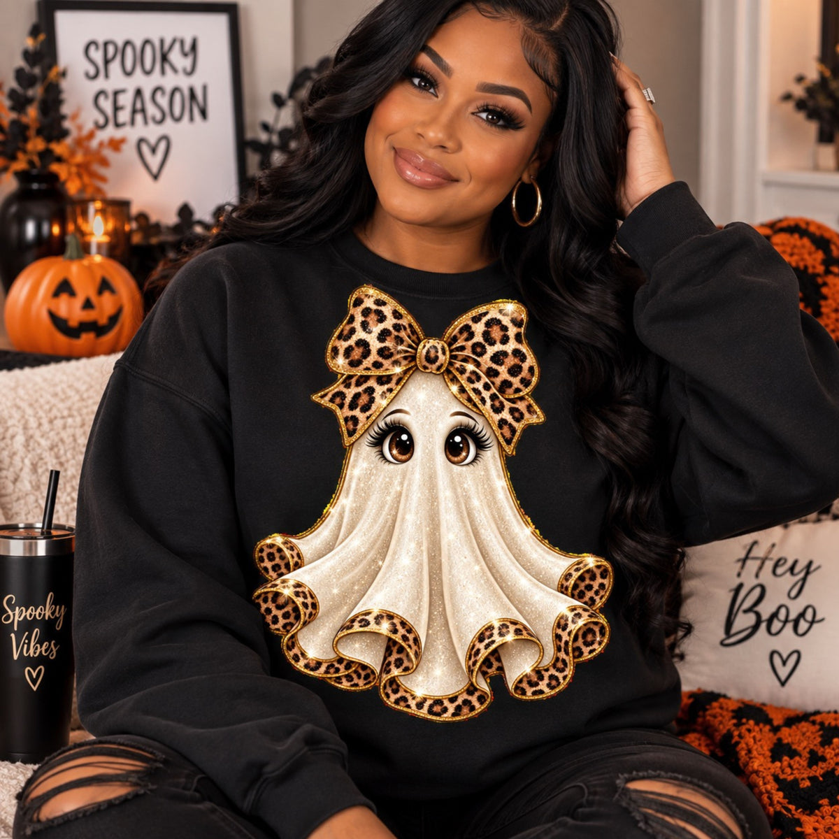 Glamorous Glitter Leopard-Bow Ghost Sweatshirt